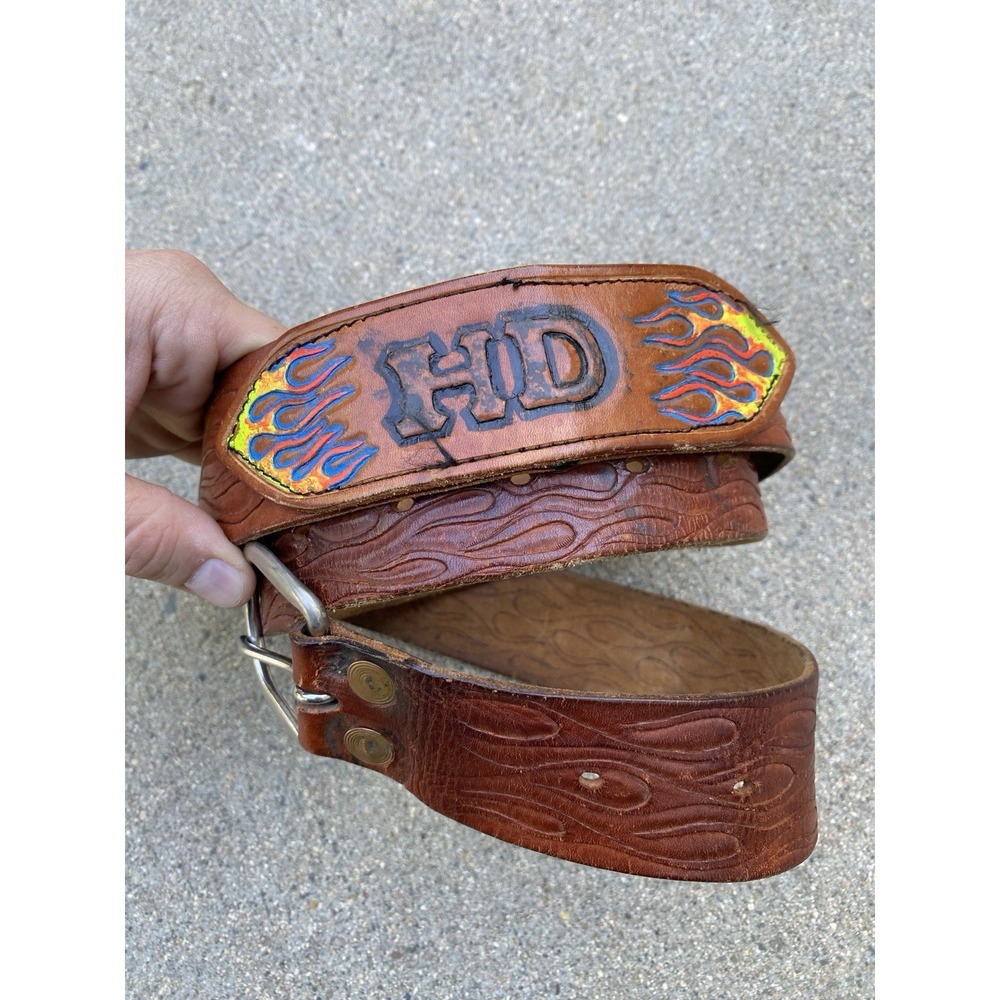 Vintage Harley Davidson y2k Leather Belt, Embossed Flames HD Painted Tooled